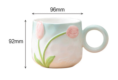 Hand-Painted Ceramic Flower Mugs with Colorful Handles