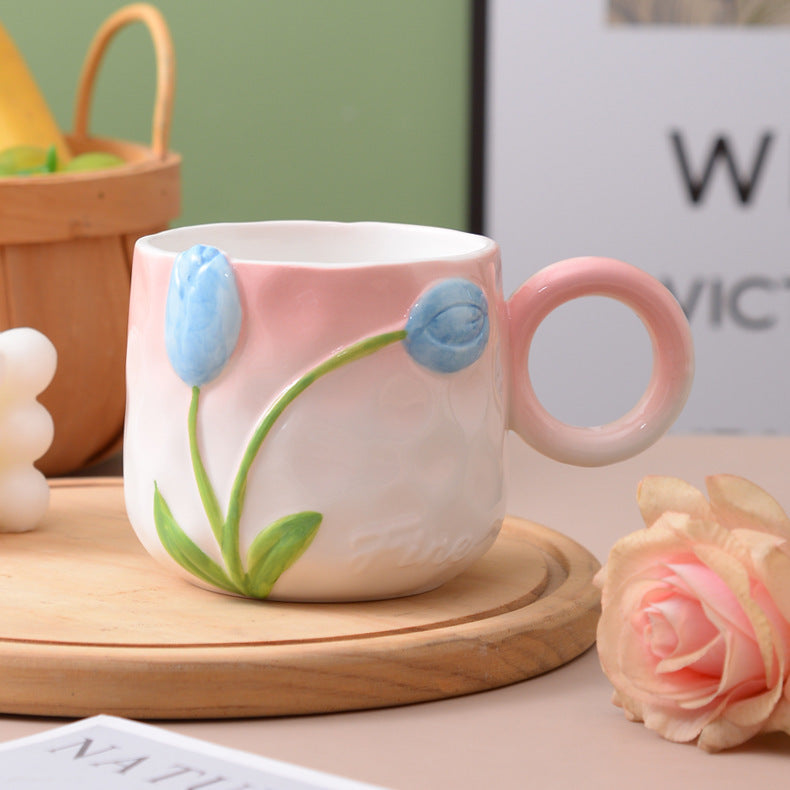 Hand-Painted Ceramic Flower Mugs with Colorful Handles