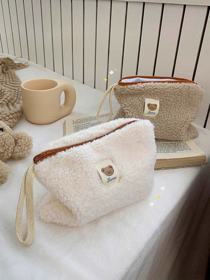 Cute Plush Small Makeup Bags in Soft Brown, Beige, and White Color