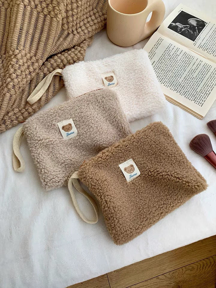 Cute Plush Small Makeup Bags in Soft Brown, Beige, and White Color