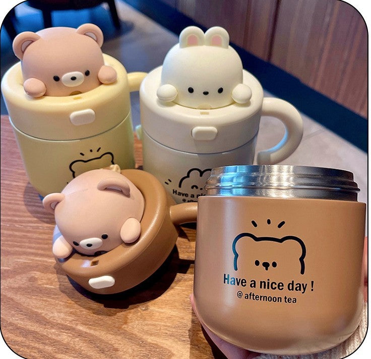 Adorable Insulated Thermal Cups with Bear and Bunny Lid Design