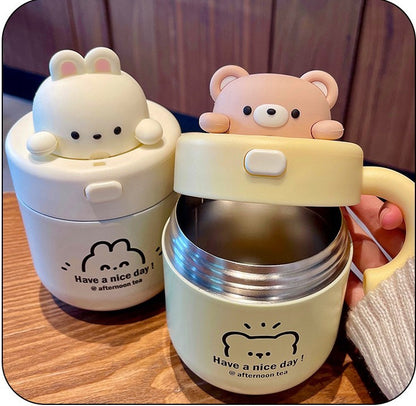 Adorable Insulated Thermal Cups with Bear and Bunny Lid Design