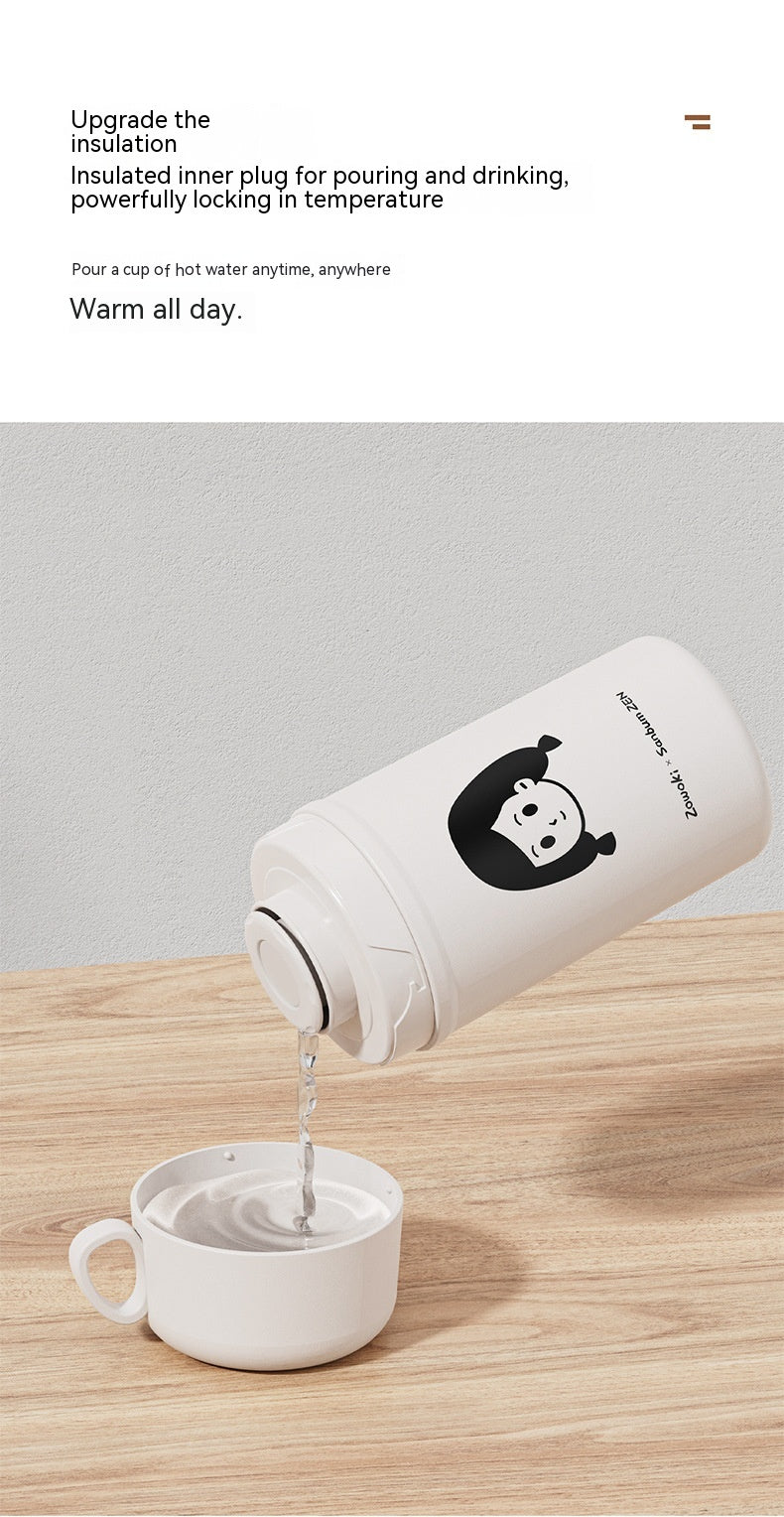 Chic Flip Top Insulated Thermos Water Bottle with Cartoon Design & Leather Strap