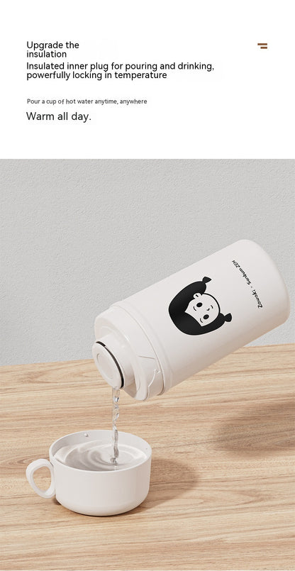 Chic Flip Top Insulated Thermos Water Bottle with Cartoon Design & Leather Strap