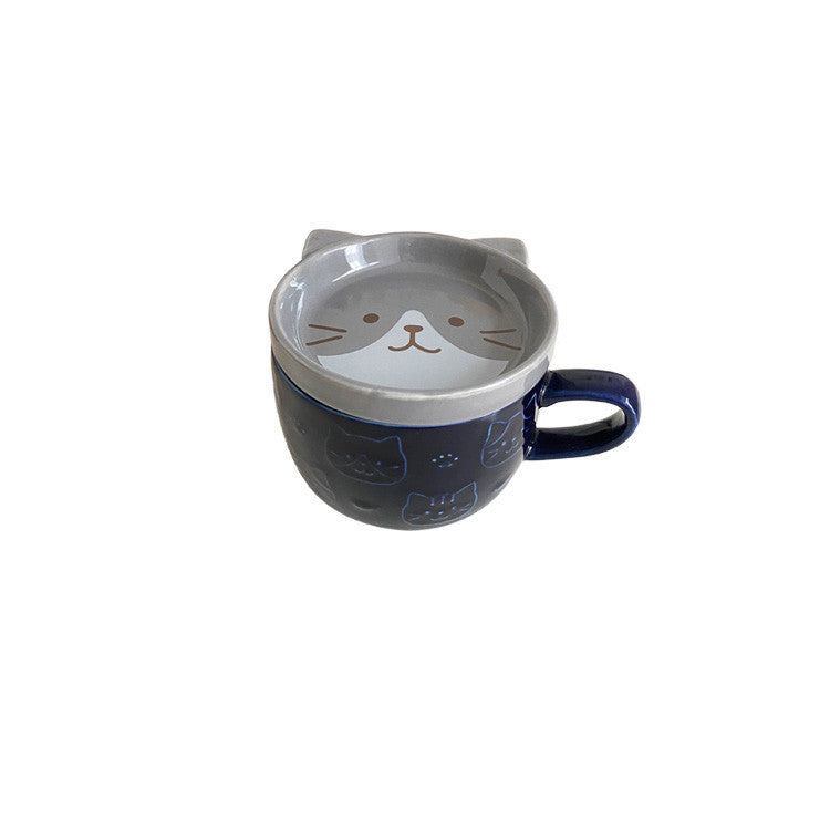 Vintage Ceramic Cat Mugs with Lid and Adorable Cat Face Design