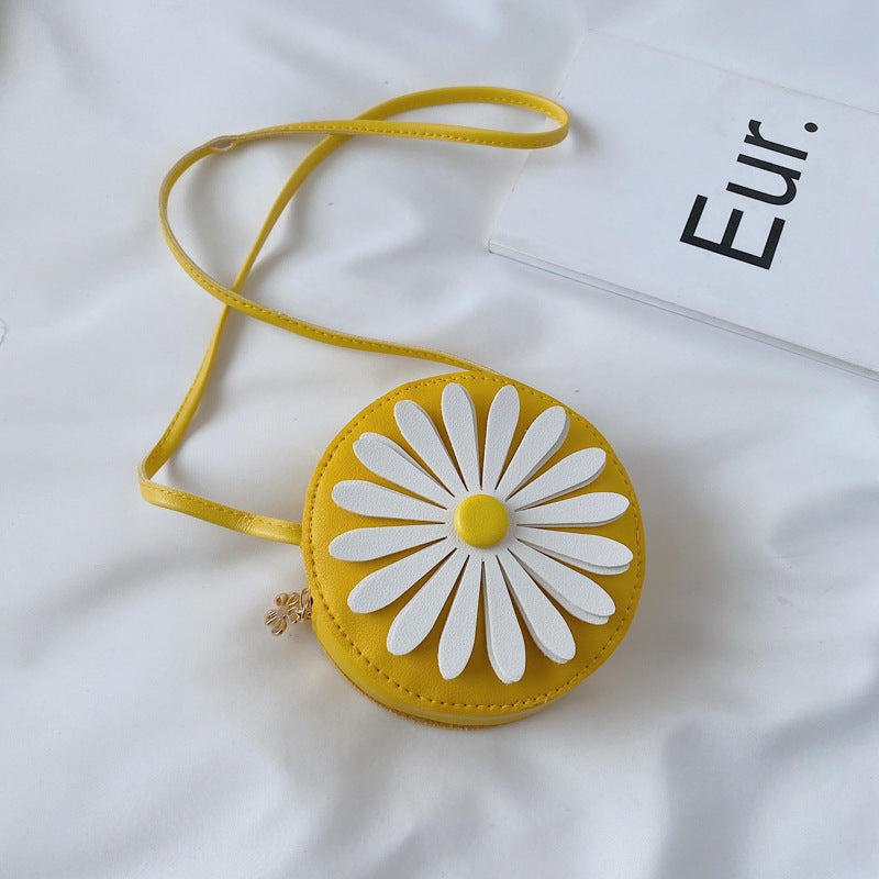 Daisy Flower Round Leather Coin Purse with Strap for Kids