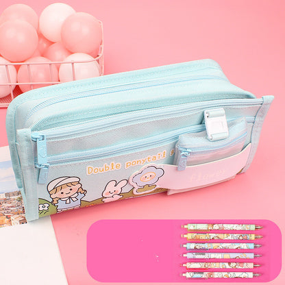 Large Capacity Cute Canvas Zipper Pencil Case for Girls