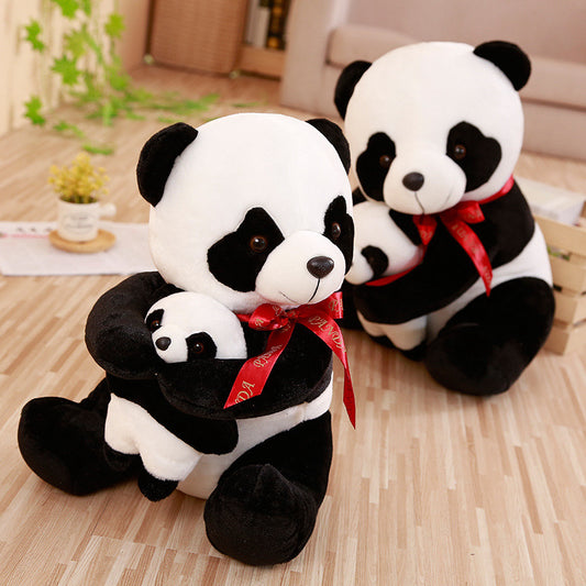 Giant Stuffed Panda Plush Toy Set with Baby Panda & Red Bows