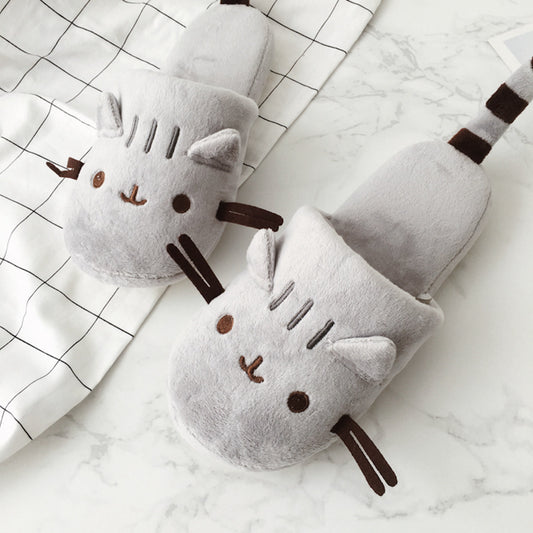 Cute Cat Plush Flip Flop Slippers for Women with Blindfold Set