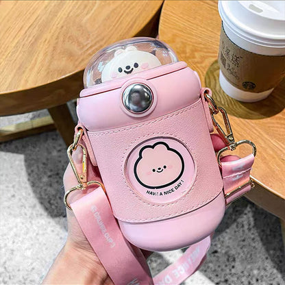 Cute Dome 3D Animal Cap Crossbody Water Bottle with Flip Top & Push Button Straw