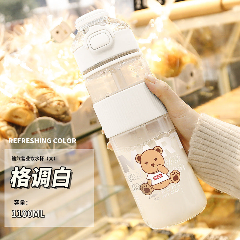 Cute & Transparent Bear Large Water Bottle with Straw & Flip Top – 1100ML