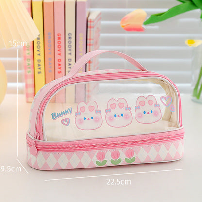 Cute Transparent Animal Pencil Cases with Cat, Bunny, Bear & Plaid Patterns