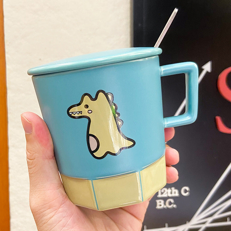 Cute Dinosaur Ceramic Mugs with Lid – Playful Pink & Yellow Variants