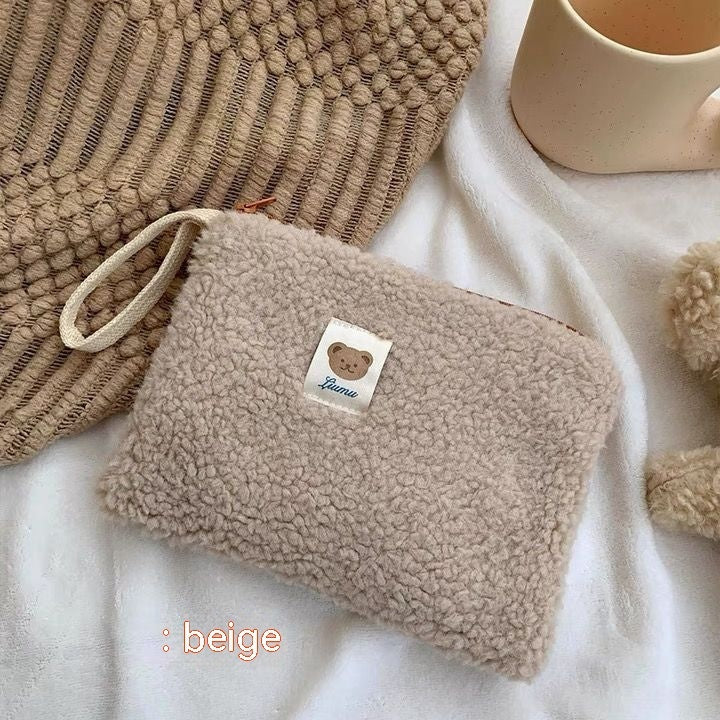 Cute Plush Small Makeup Bags in Soft Brown, Beige, and White Color