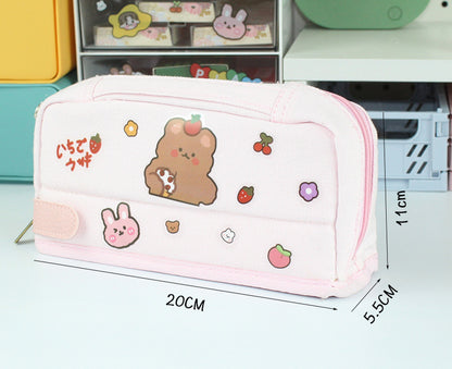 Large Capacity Soft Canvas Pencil Case with Cute Bear & Strawberry Designs