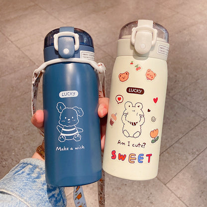 Cute Animal Designs Stainless Steel Insulated Water Bottle with Straw & Sticker