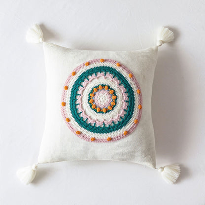 Knitted Mandala Pillow Covers with Tassels – Pink, Green, Blue, Yellow