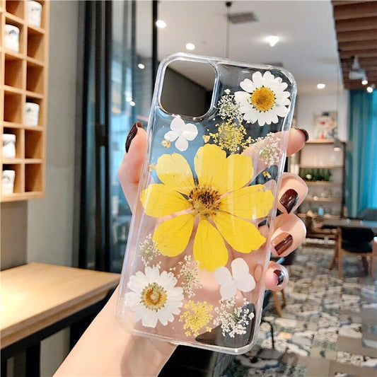 Clear Flower Phone Case with Real Pressed Floral Design in Pink & Yellow