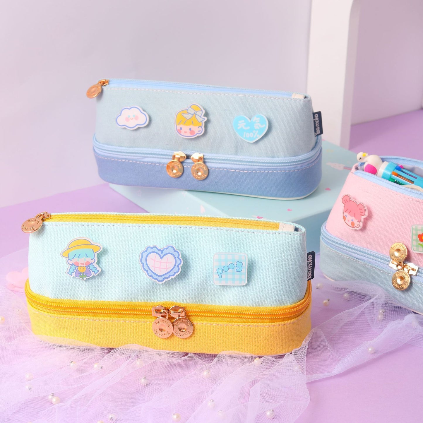 Adorable Korean Canvas Zipper Pencil Case – Pink & Pastel Charm