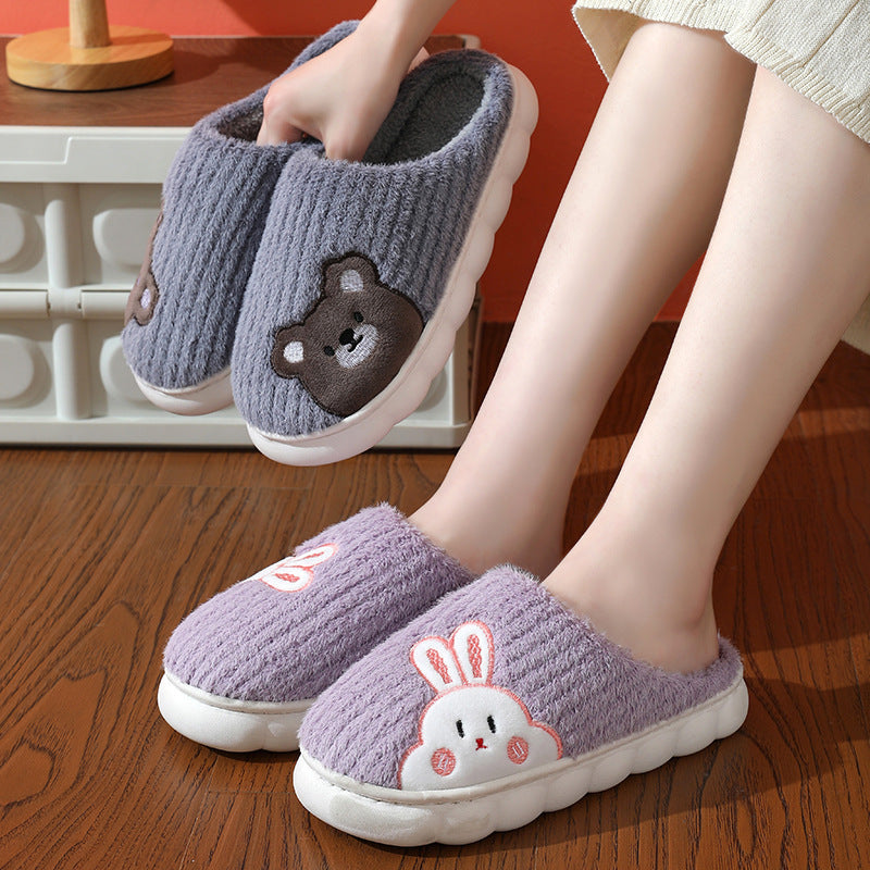 Cute Bear & Rabbit Plush Winter Slippers for Women – Thick Sole