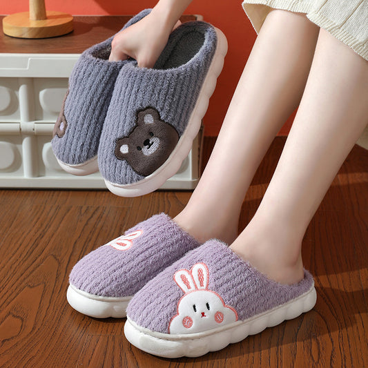 Cute Bear & Rabbit Plush Winter Slippers for Women – Thick Sole