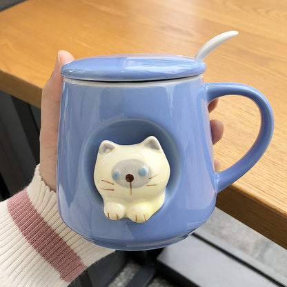 Cat-Themed Ceramic Coffee Mugs with Lid, Spoon and Straw