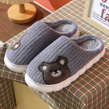 Cute Bear & Rabbit Plush Winter Slippers for Women – Thick Sole