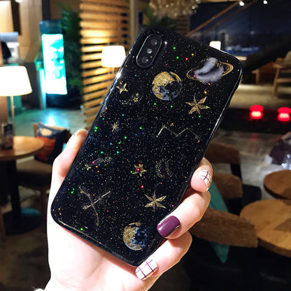 Black & White Phone Case with Planet & Glitter Stars Design