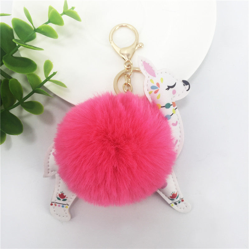 Cute Alpaca Keychain with Fur Ball & Colorful Floral Design