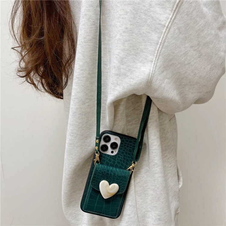 Textured Leather iPhone Crossbody Phone Case Purse with Strap &  Heart Accent