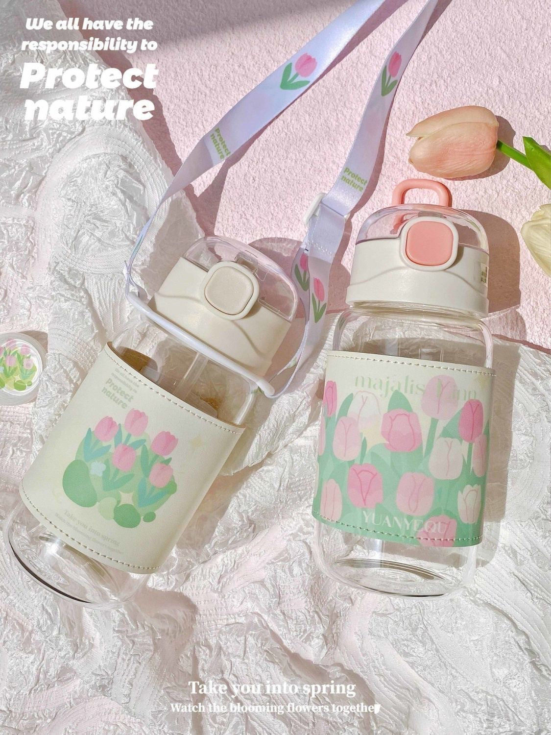 Charming Korean Flower Water Bottle with Strap & Flip Top Straw