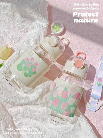 Charming Korean Flower Water Bottle with Strap & Flip Top Straw