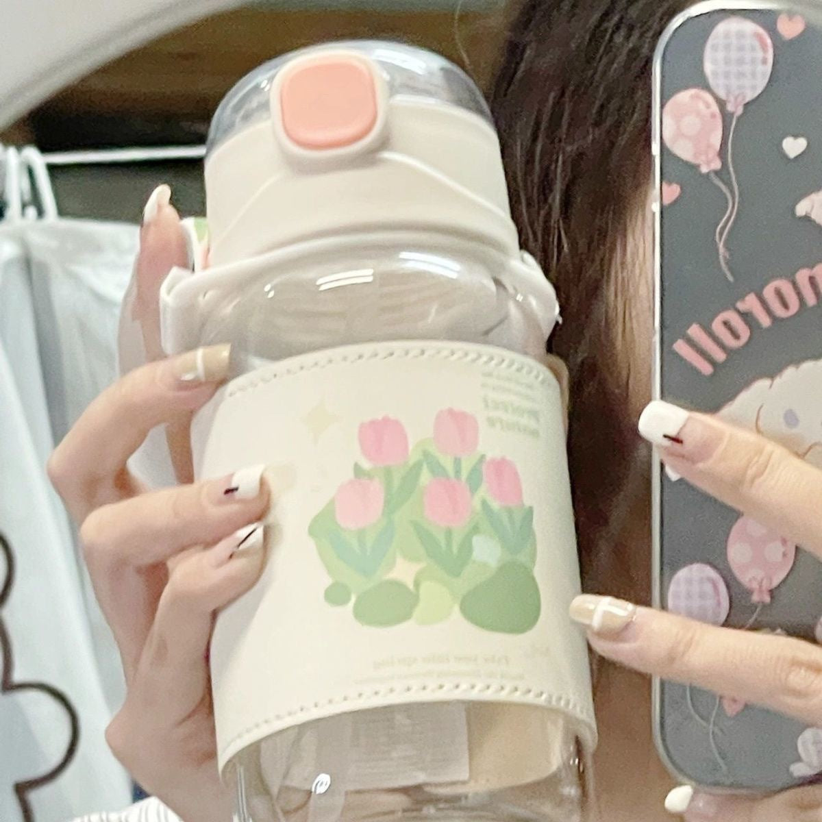 Charming Korean Flower Water Bottle with Strap & Flip Top Straw