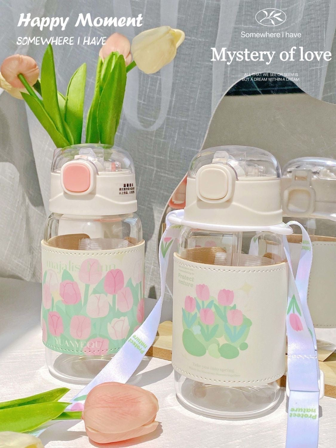 Charming Korean Flower Water Bottle with Strap & Flip Top Straw