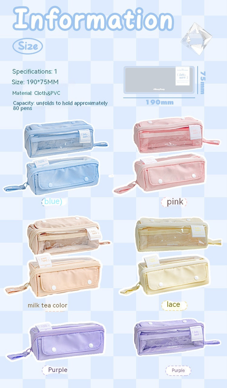 Bright Korean Foldable Canvas Pencil Case with Large Capacity & Transparent Zipper