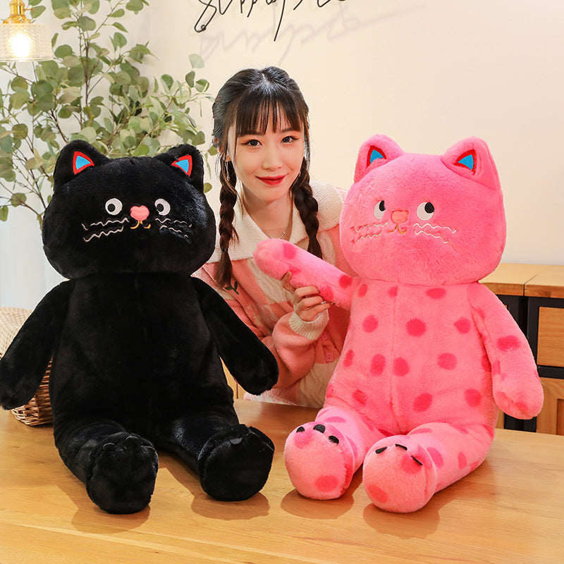 Cuddly Polka Dots Stuffed Cat Toy in Cute Pink & Black Cat Plush Toy Variant