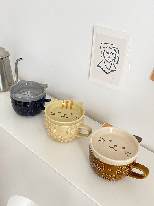 Vintage Ceramic Cat Mugs with Lid and Adorable Cat Face Design