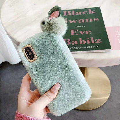 Soft Bunny Plush Phone Case – Pink & Green Fluffy Design