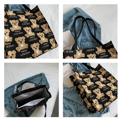 Cute Mini Canvas Tote Bag for Women with Small Teddy Bear Design