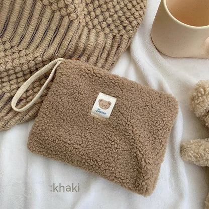 Cute Plush Small Makeup Bags in Soft Brown, Beige, and White Color