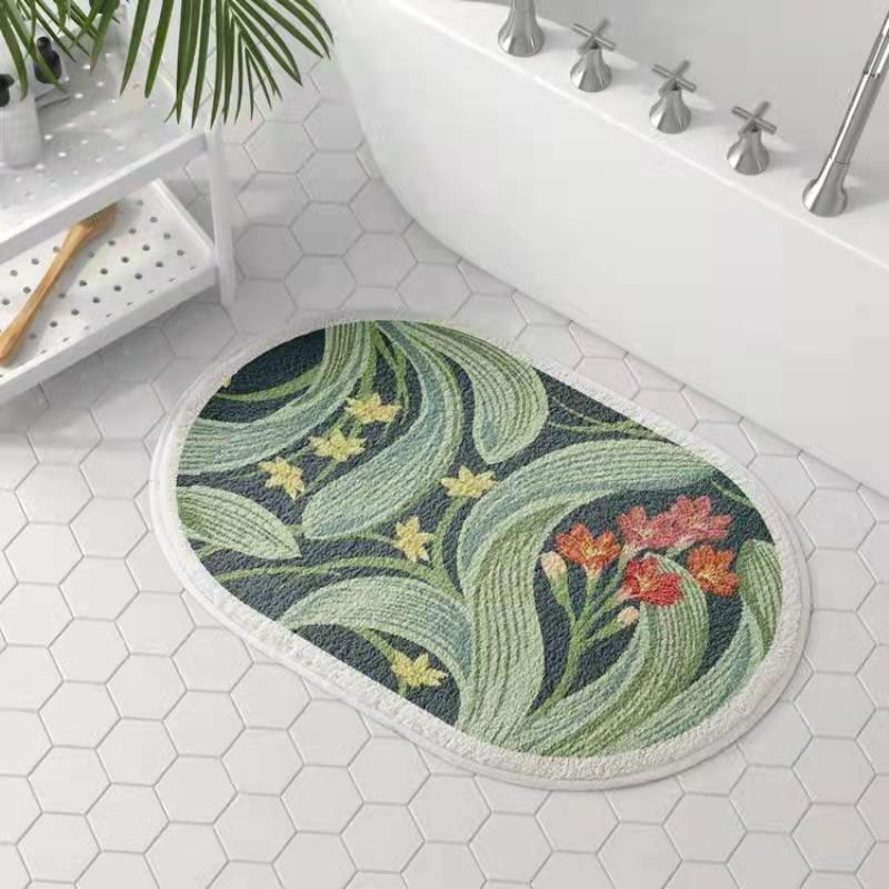 Elegant Oval Floral Bathroom Mat - Absorbent, Non-Slip & Washable