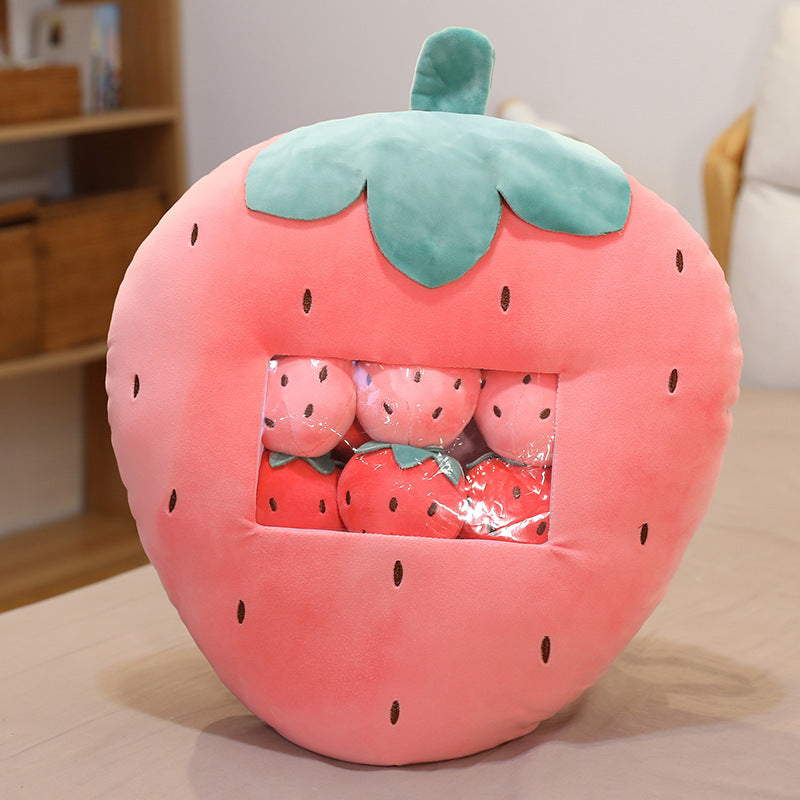 Cute Fruit Plush Pillows with Hidden Plushies Featuring Strawberry, Avocado, Banana & Carrot