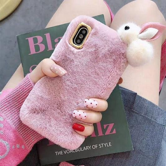 Soft Bunny Plush Phone Case – Pink & Green Fluffy Design