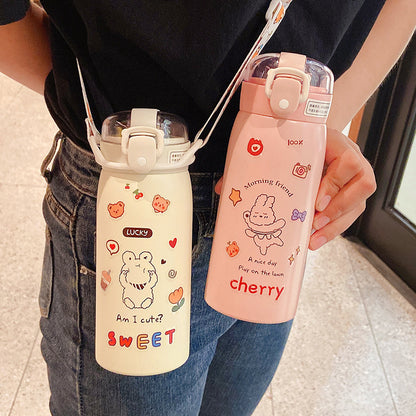 Cute Animal Designs Stainless Steel Insulated Water Bottle with Straw & Sticker