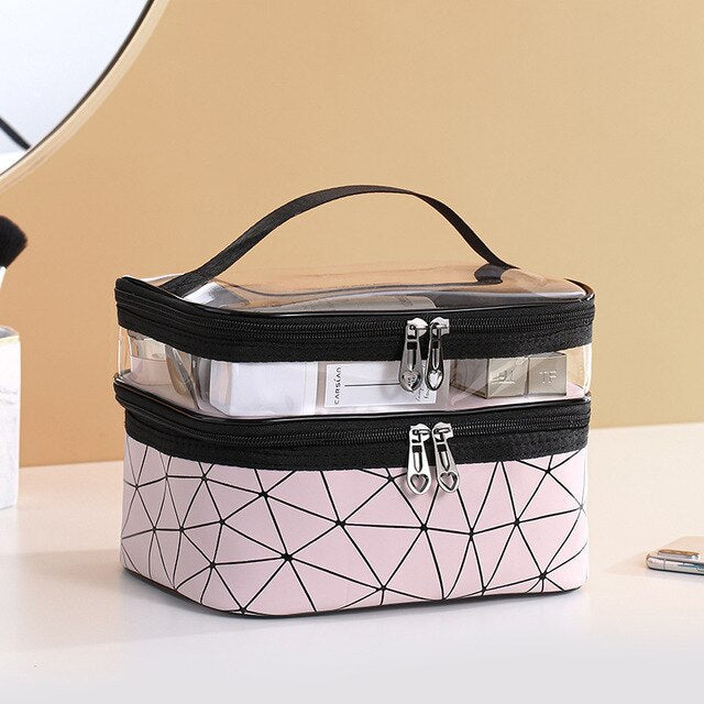 Geometric Waterproof Large Travel Makeup Bag with Clear Top