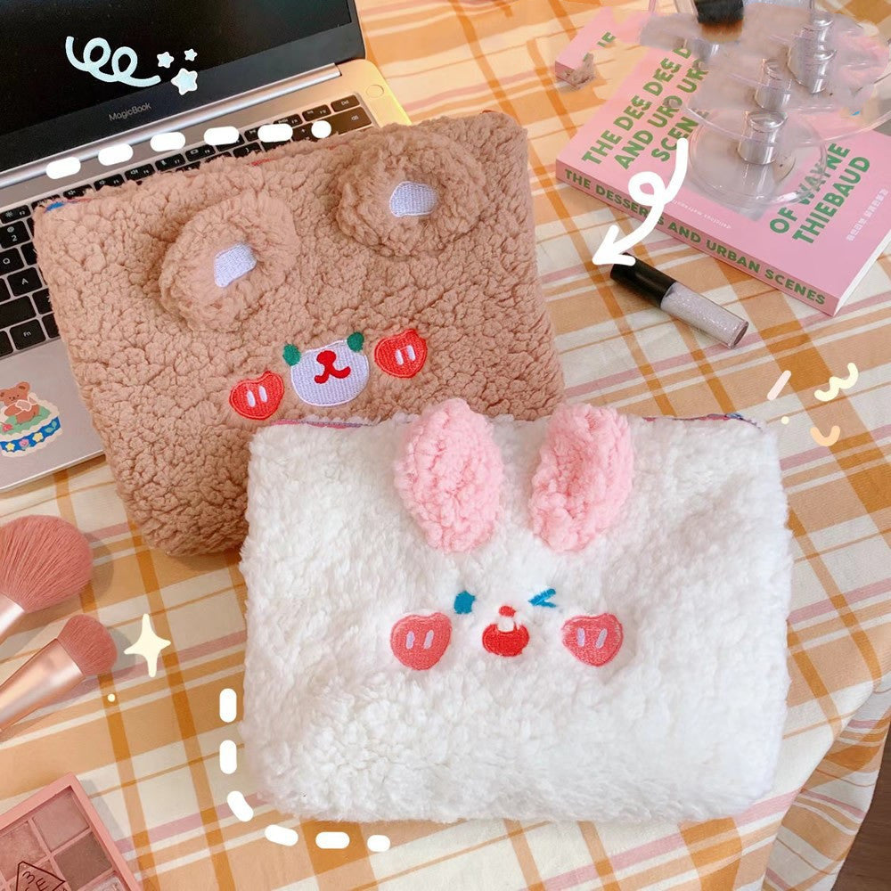 Cute Embroidered Rabbit & Bear Plush Zipper Makeup Bags