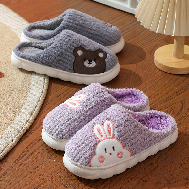 Cute Bear & Rabbit Plush Winter Slippers for Women – Thick Sole