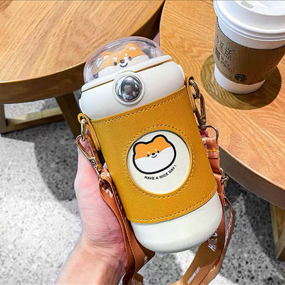 Cute Dome 3D Animal Cap Crossbody Water Bottle with Flip Top & Push Button Straw