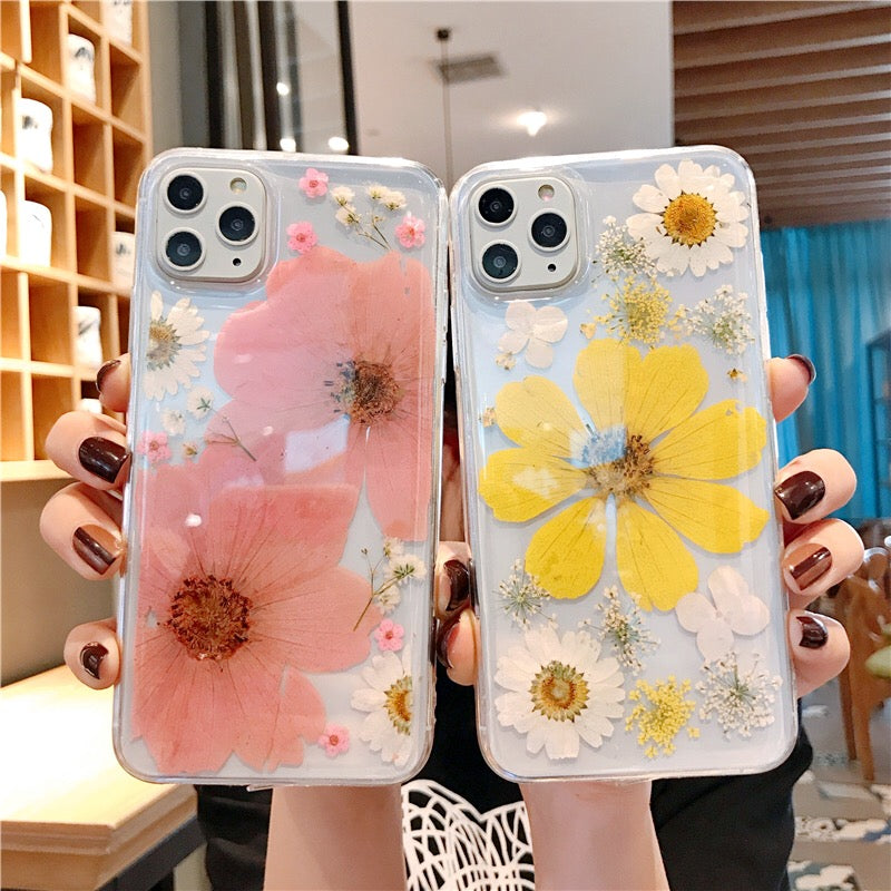 Clear Flower Phone Case with Real Pressed Floral Design in Pink & Yellow