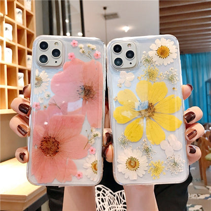 Clear Flower Phone Case with Real Pressed Floral Design in Pink & Yellow